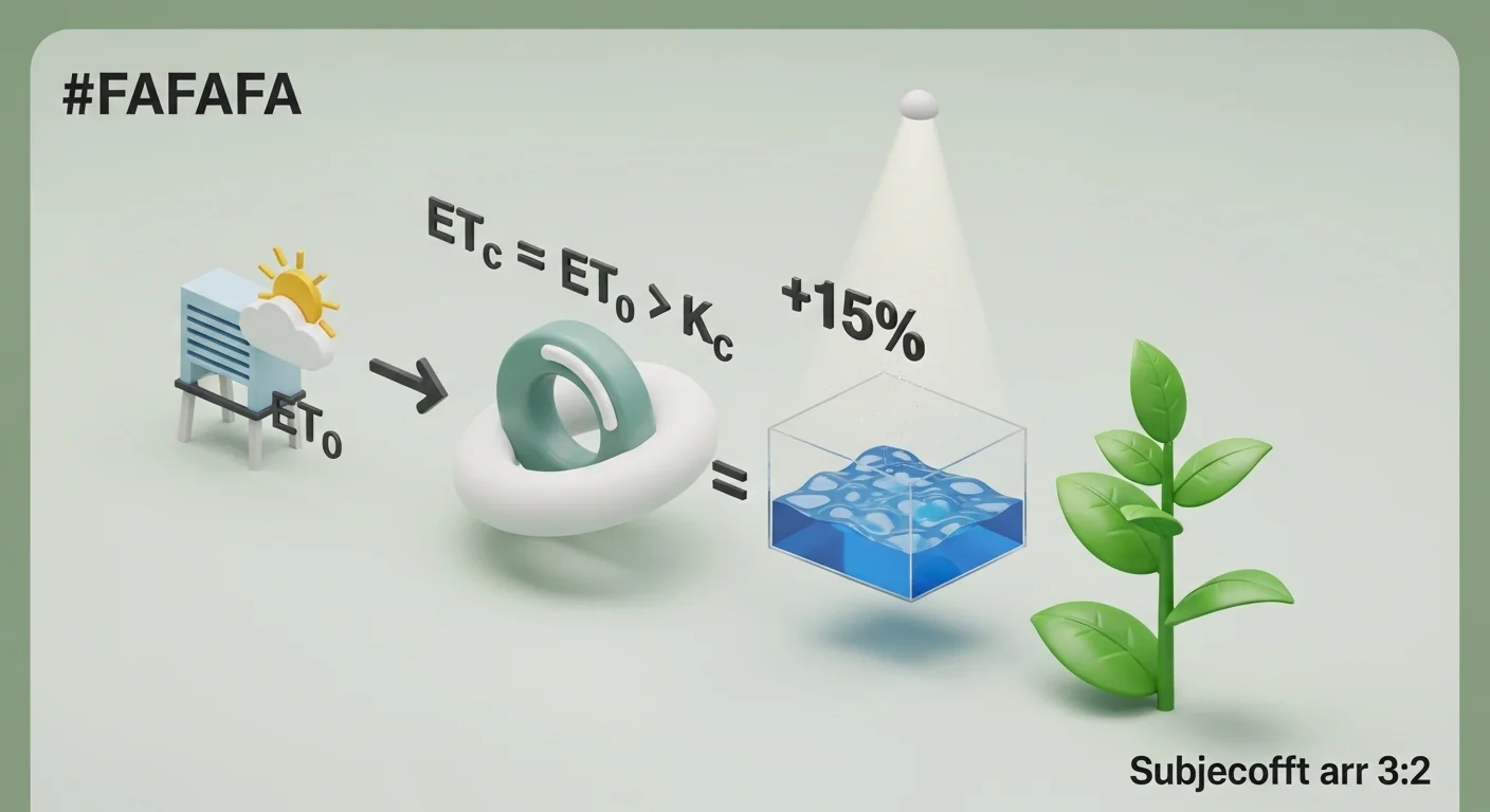 3D diagram showing the Evapotranspiration Calculator formula multiplying reference ET by crop coefficients.