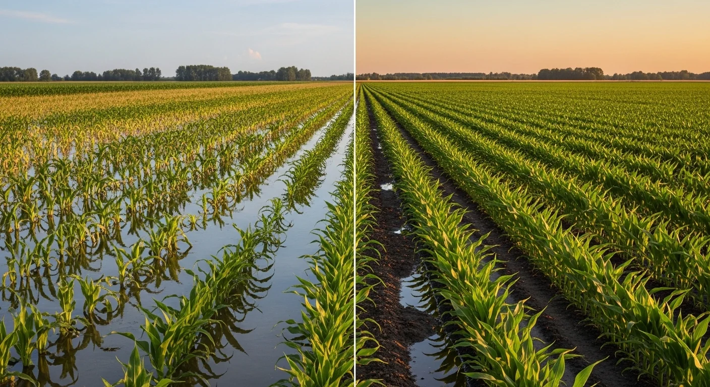 Farm tile drainage spacing calculator showing waterlogged failure versus healthy drained field