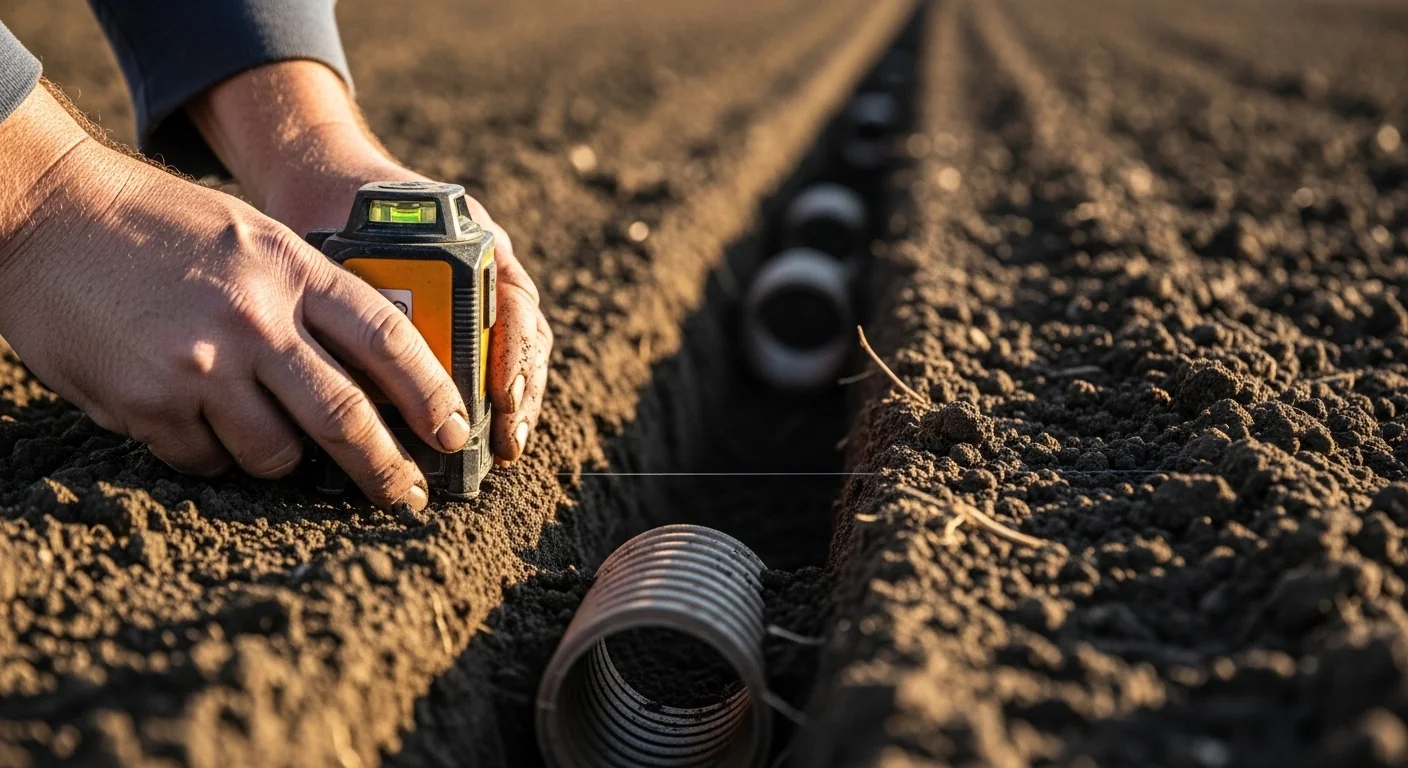 Farm tile drainage spacing calculator guiding precise field layout with laser level and calculated spacing