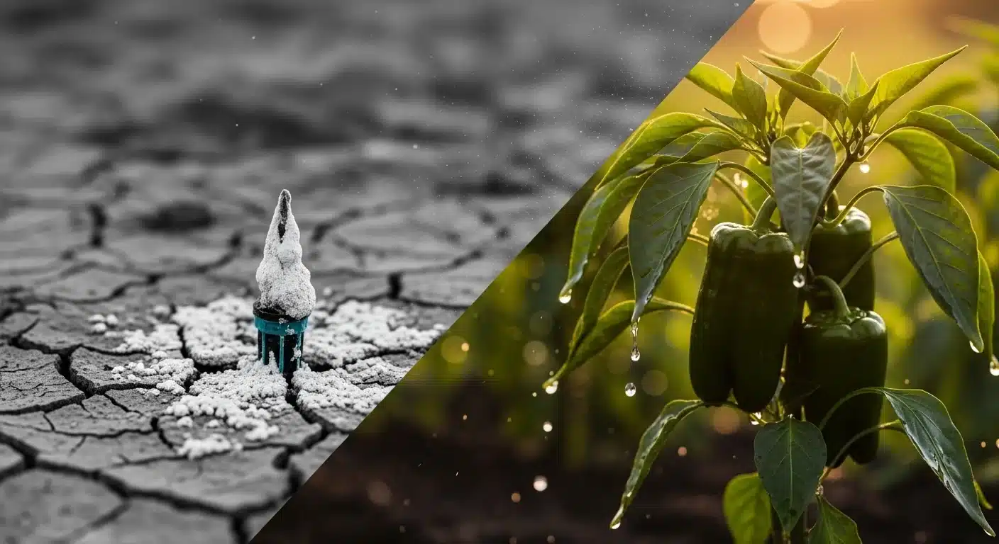 Fertilizer Injector Calculator comparison showing clogged gypsum scales versus healthy irrigated vegetable crops.