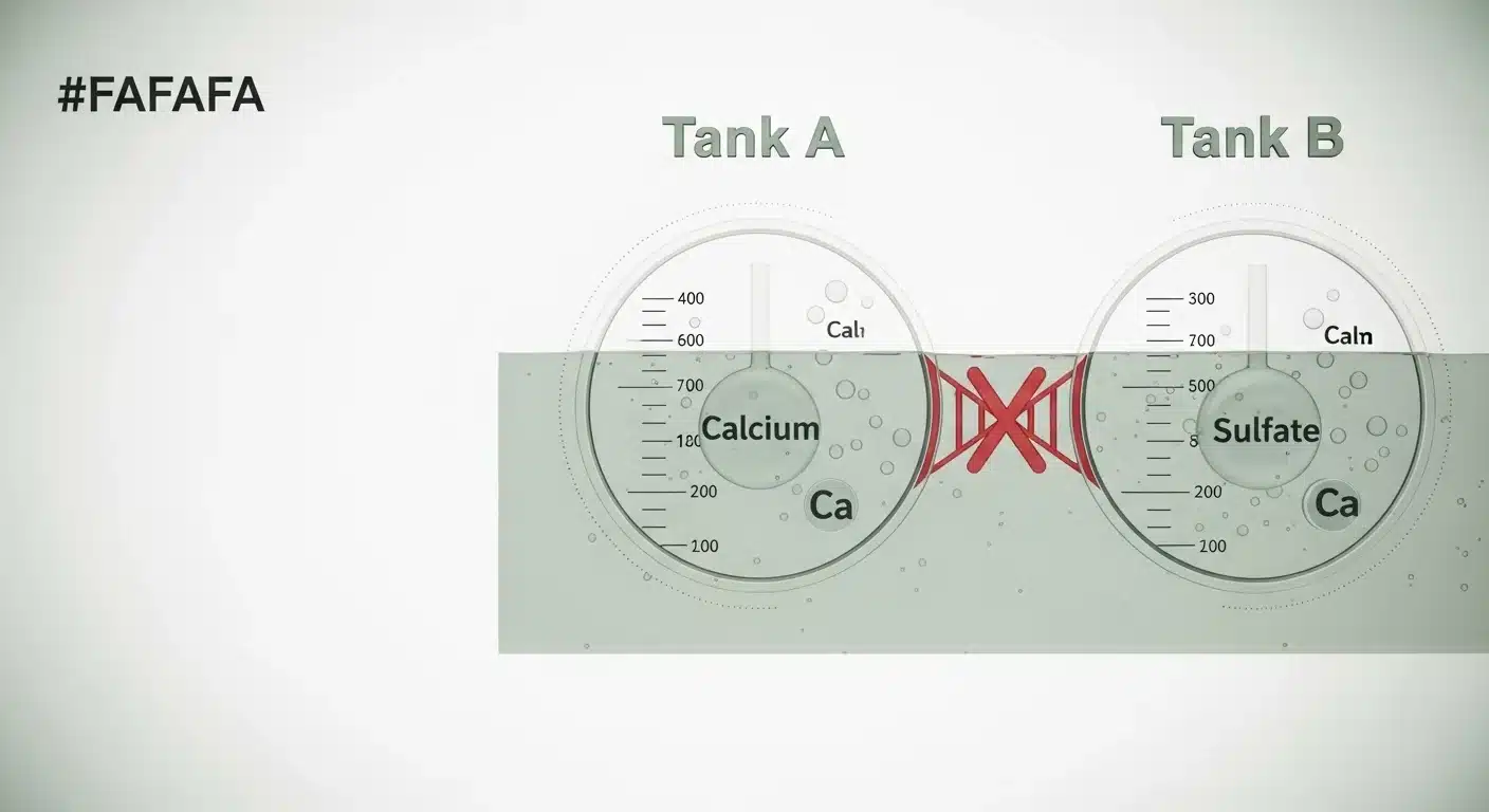 Technical diagram from the Fertilizer Injector Calculator showing Tank A and B chemical compatibility.