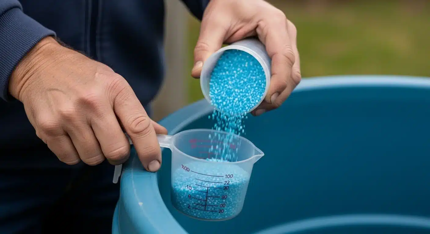 Hands measuring dry fertilizer for a stock tank using Fertilizer Injector Calculator results.