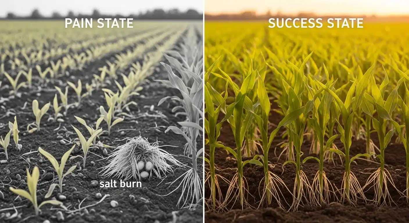 A Fertilizer Salt Index Calculator comparison showing patchy seedling death versus healthy uniform crop emergence.