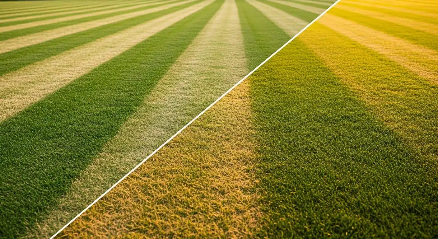 Side-by-side comparison of tiger-striped grass versus uniform green lawn from correct calibration.