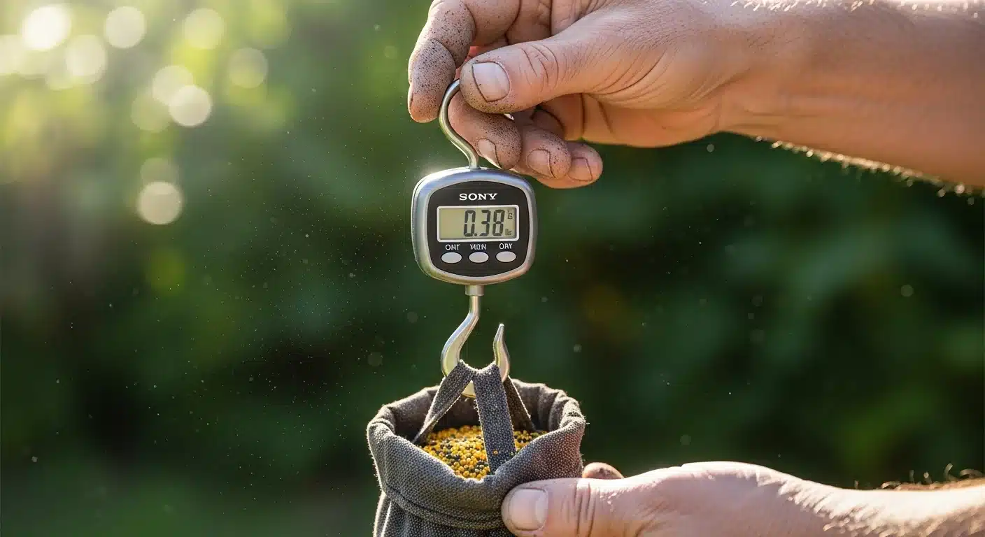 Gardener weighing fertilizer catch bag with a digital scale for Spreader Calibration Calculator inputs.