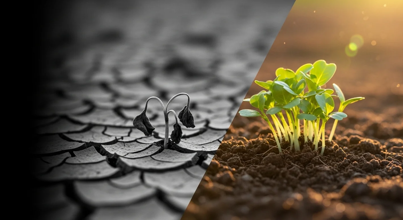 Side-by-side comparison of a wilted plant in dry soil and healthy plant at field capacity.