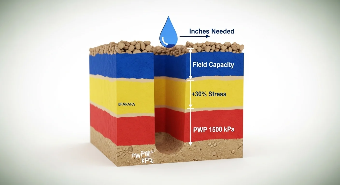 3D soil profile diagram showing field capacity, available water, and permanent wilting point thresholds.