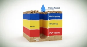 3D soil profile diagram showing field capacity, available water, and permanent wilting point thresholds.