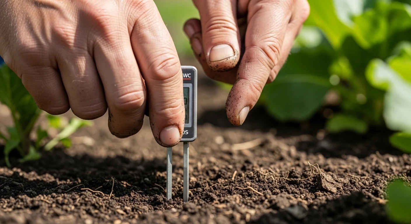 Gardener using a moisture probe to get a VWC reading for the Field Capacity Calculator.