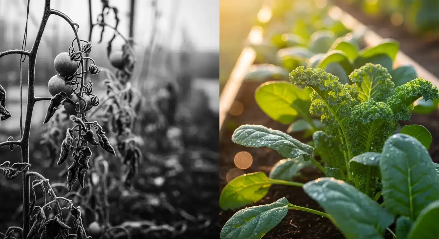 A First Frost Date Calculator comparison showing frost-damaged tomatoes versus healthy protected cold-hardy greens.