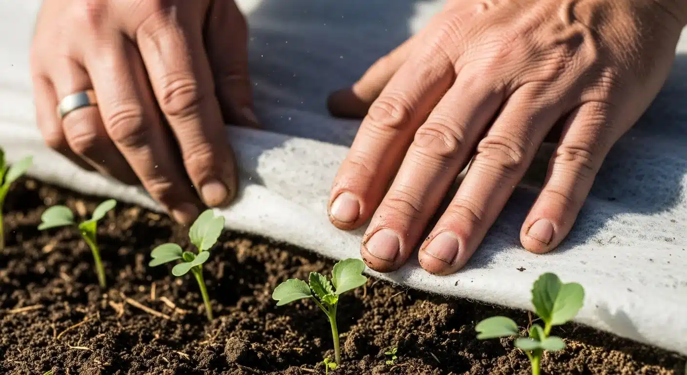 Gardener applying frost protection fabric based on First Frost Date Calculator results.