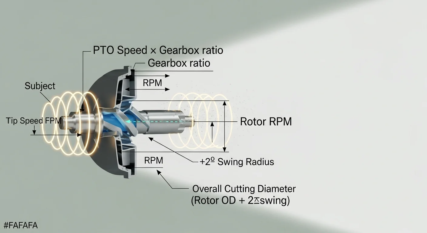 Flail mower rotor RPM calculator logic showing tip speed and diameter calculation