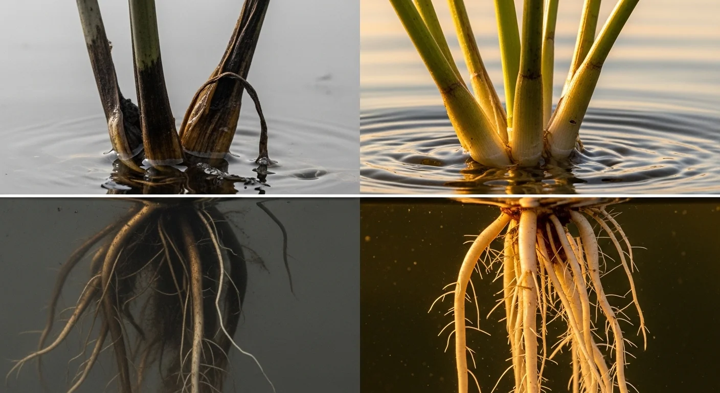 Diseased brown roots versus healthy white roots using an Ebb and Flow Pump Calculator.