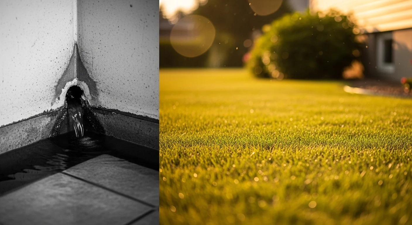 A split view showing a flooded basement versus a dry, healthy lawn using a French drain calculator.
