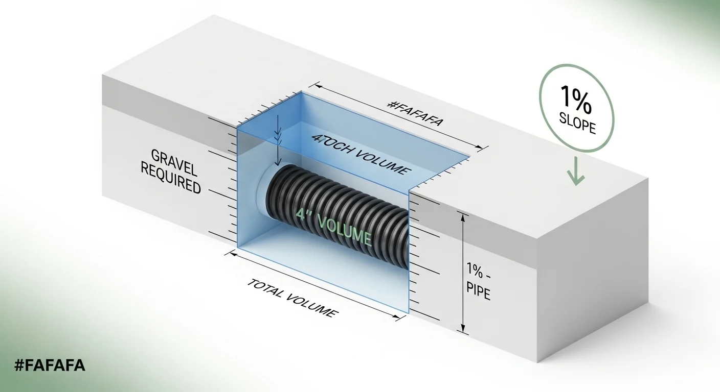 3D technical diagram from a French drain calculator showing pipe displacement and gravel volume.