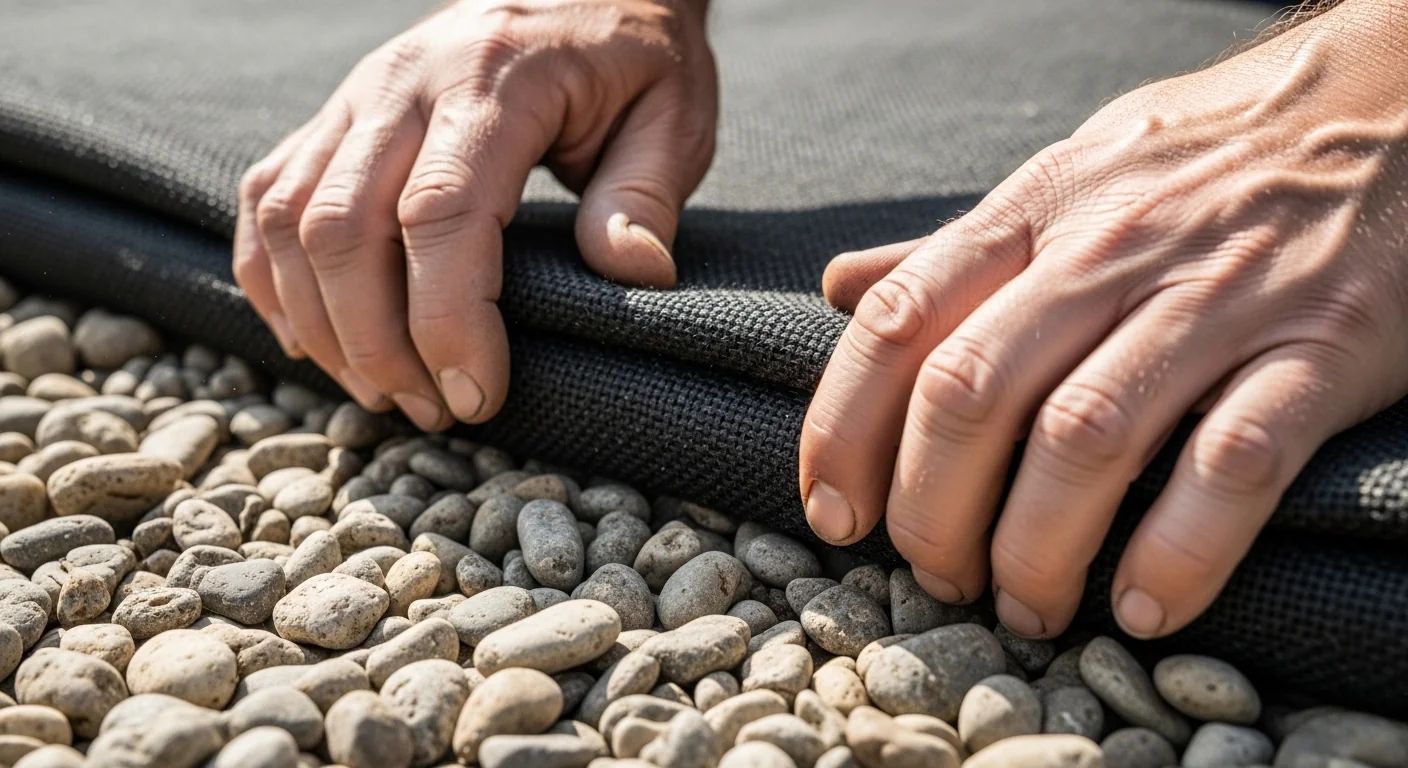 Close-up of hands installing geotextile fabric using the Burrito Method found in the French drain calculator.