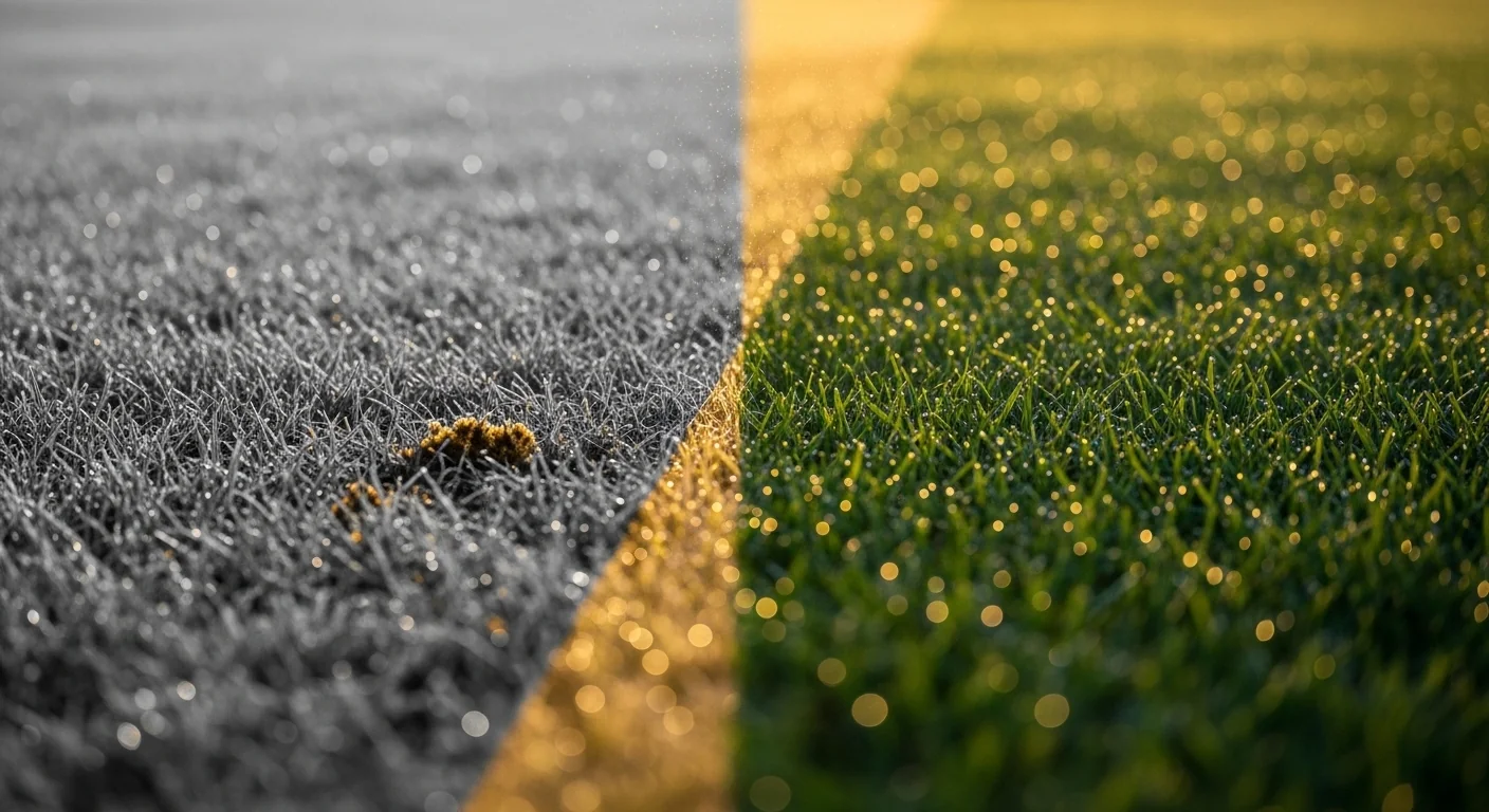 Side-by-side comparison of fungal turf disease damage versus healthy grass managed with a Fungicide FRAC Code Calculator.