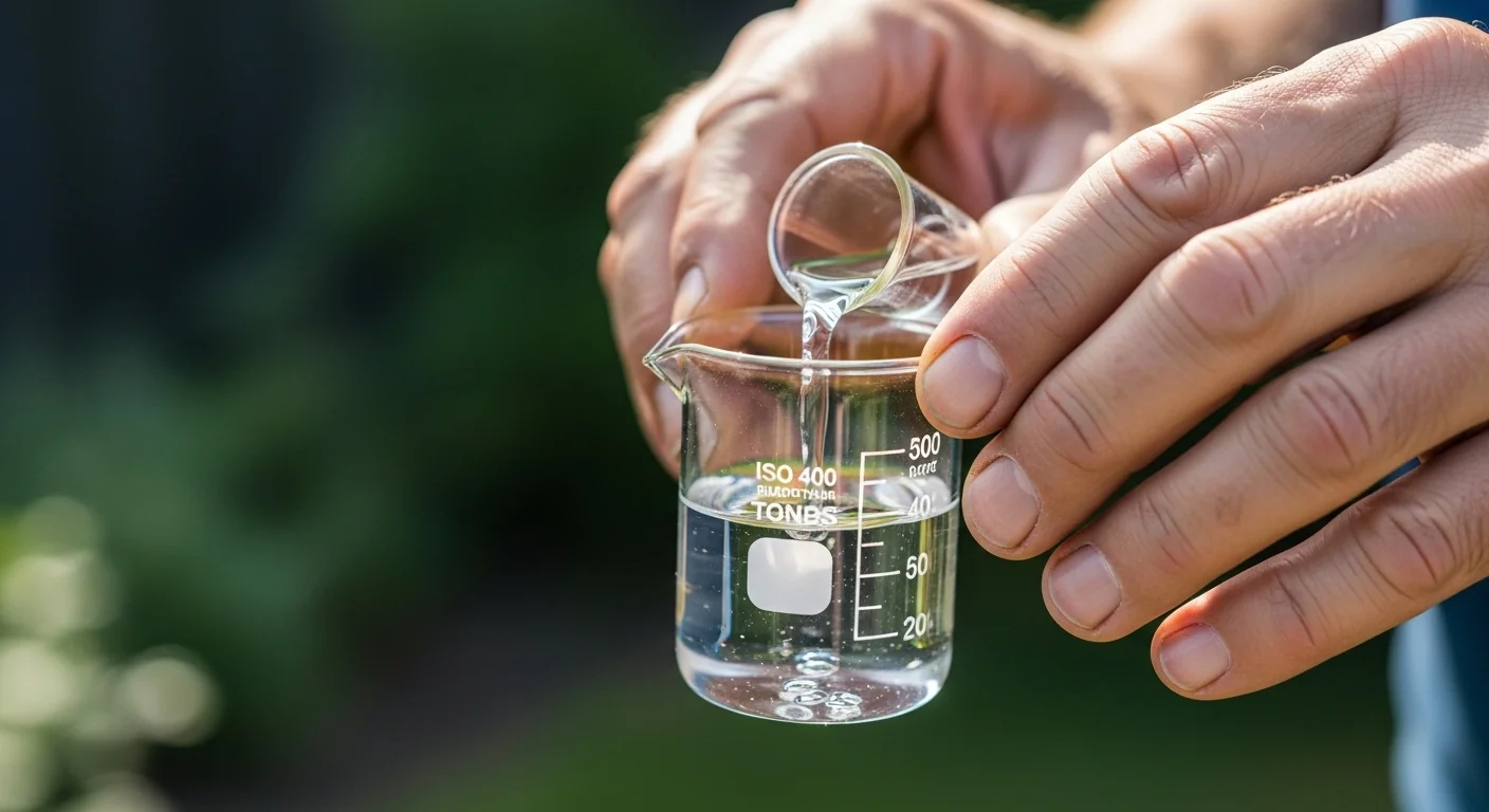 Hands measuring fungicide concentrate according to the output of the Fungicide FRAC Code Calculator.