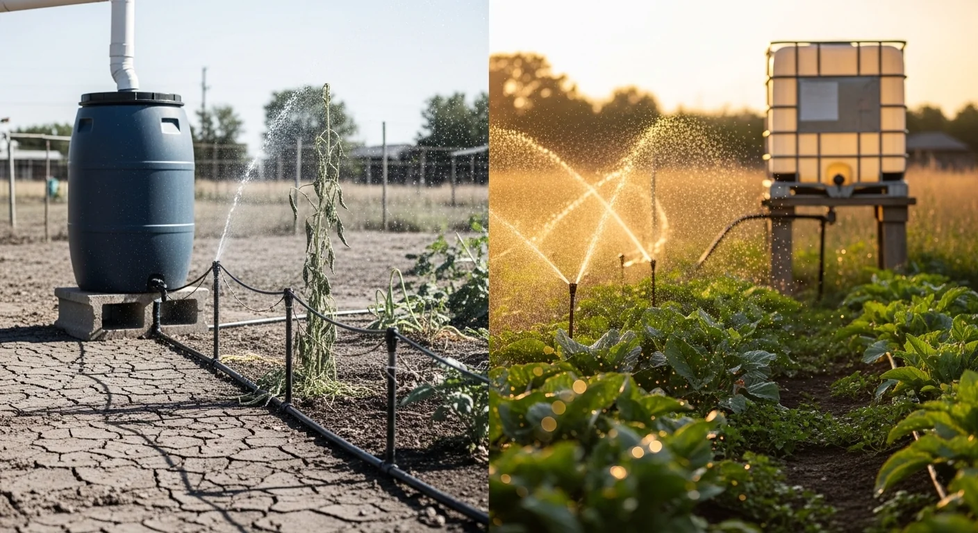 Gravity drip irrigation PSI calculator showing failed dry emitters versus successful moist garden with proper head pressure