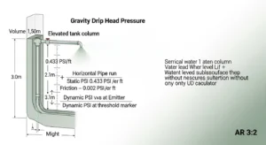 Gravity drip irrigation PSI calculator logic showing total head to static PSI minus friction for dynamic pressure at emitter