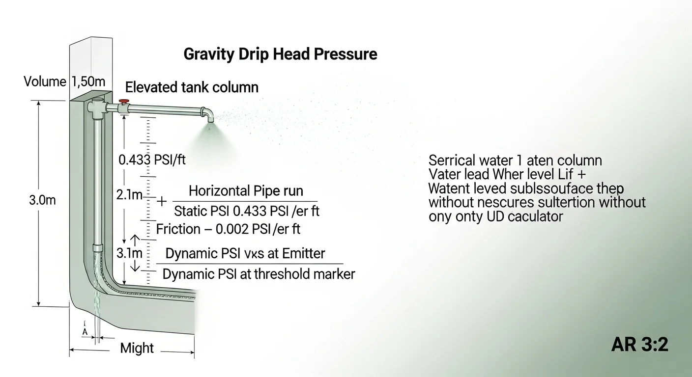Gravity drip irrigation PSI calculator logic showing total head to static PSI minus friction for dynamic pressure at emitter
