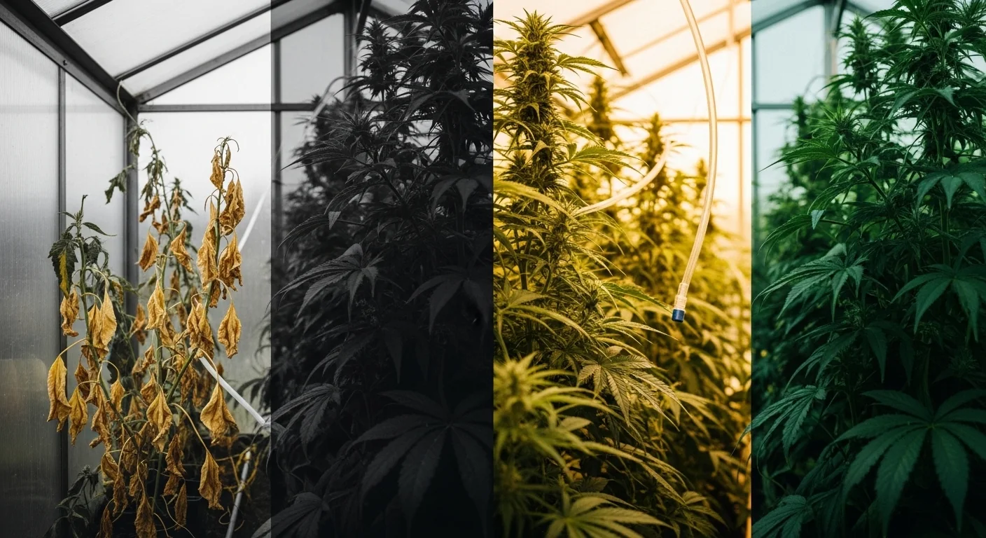 Greenhouse CO2 Calculator showing the visual difference between stunted plants and a lush canopy.