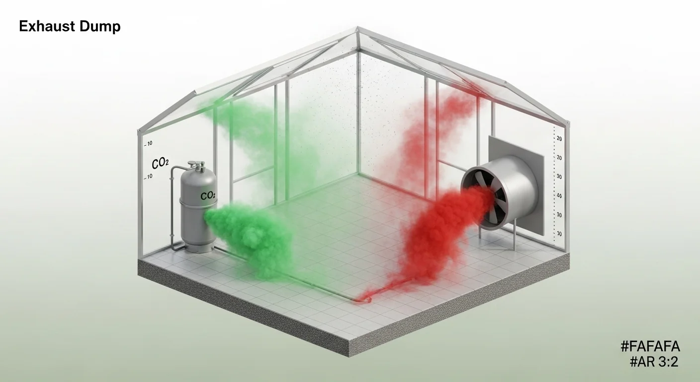 3D diagram explaining how the Greenhouse CO2 Calculator factors in exhaust fan air exchanges.
