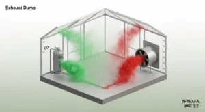 3D diagram explaining how the Greenhouse CO2 Calculator factors in exhaust fan air exchanges.