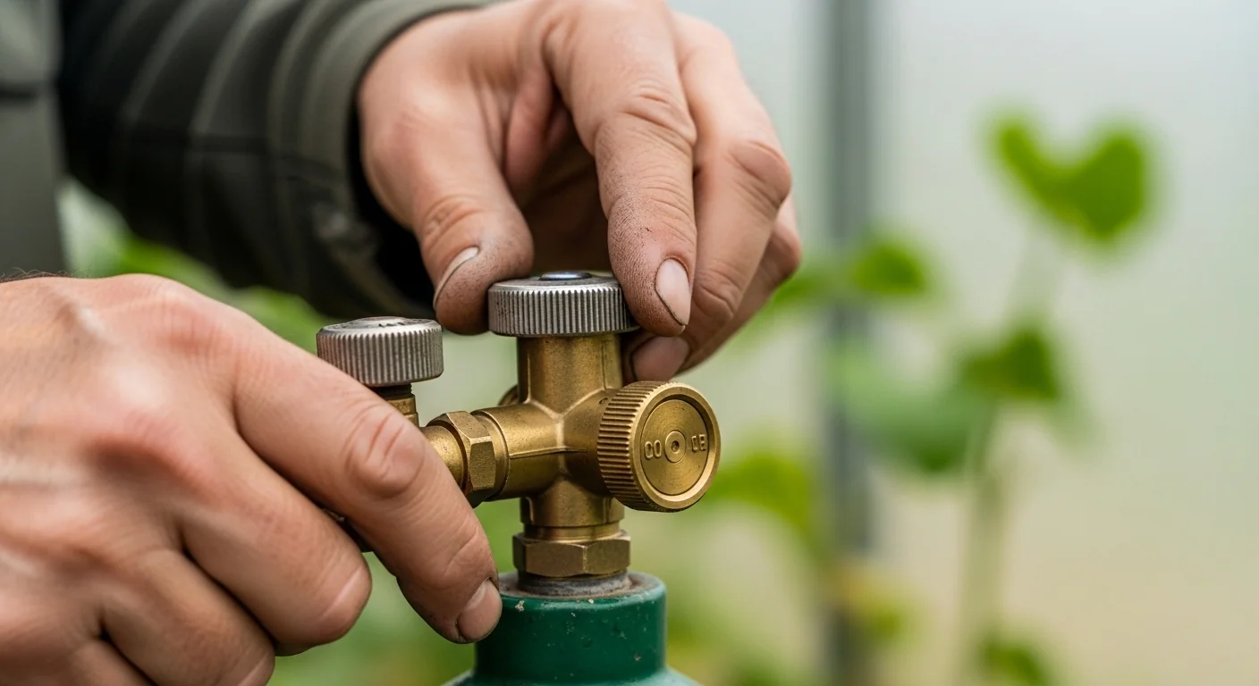 A gardener adjusting a CO2 regulator based on Greenhouse CO2 Calculator results.