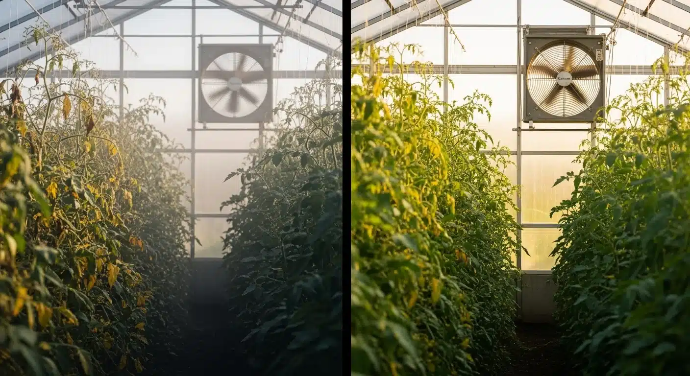 Side-by-side comparison of a heat-stressed greenhouse versus one properly ventilated with a fan.