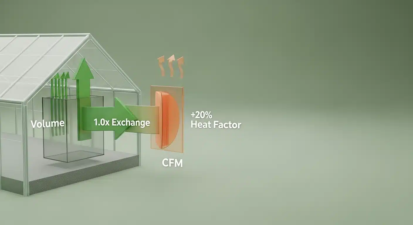 Technical diagram showing greenhouse volume and the 1.2x heat factor CFM calculation logic.