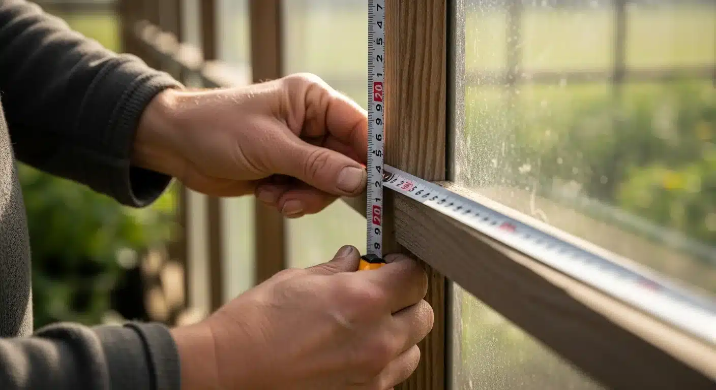 Gardener measuring the interior height of a greenhouse for the fan size calculator.