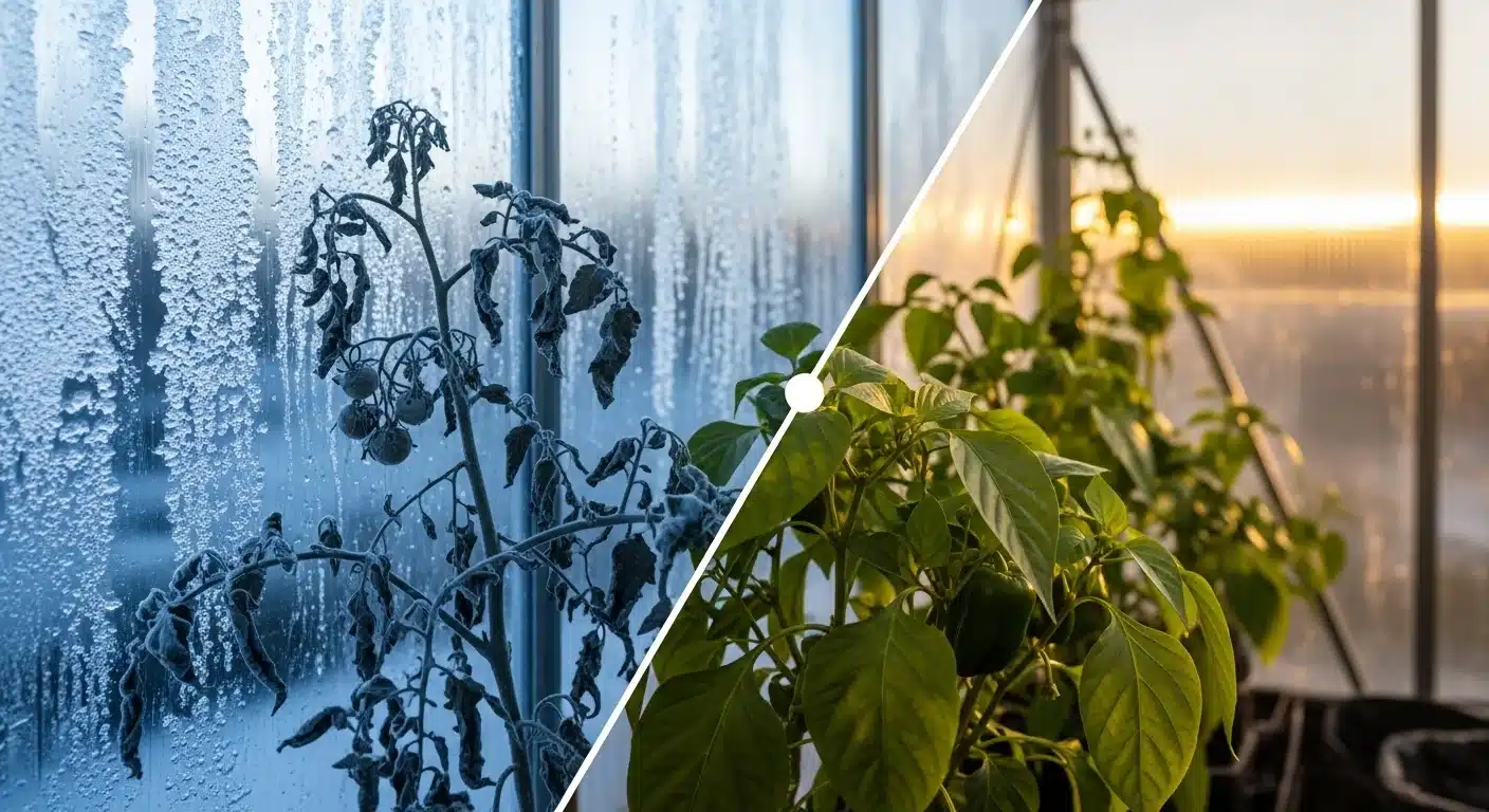A Greenhouse Heater Size Calculator result comparing frost-damaged plants with healthy, heated greenhouse crops.