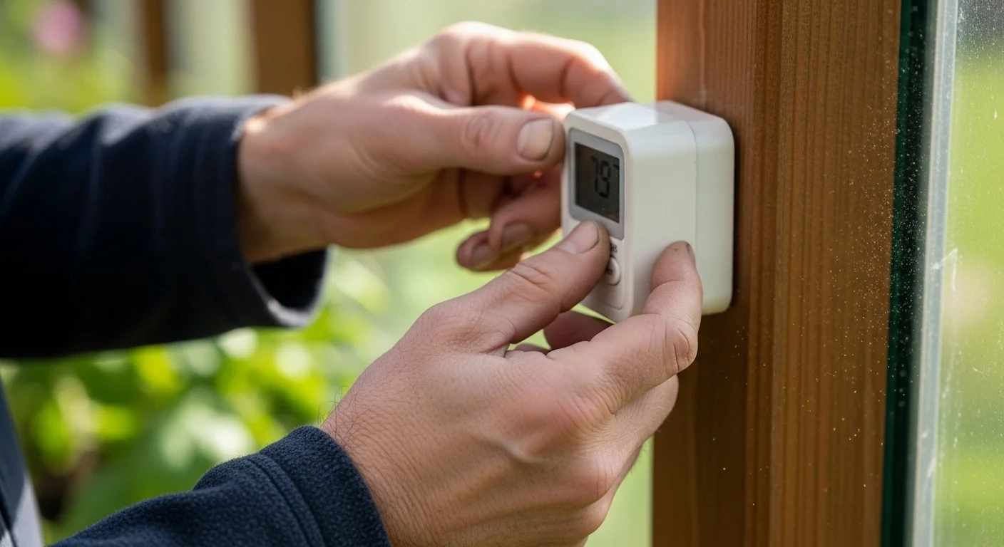 Gardener adjusting a thermostat based on Greenhouse Heater Size Calculator output for winter protection.