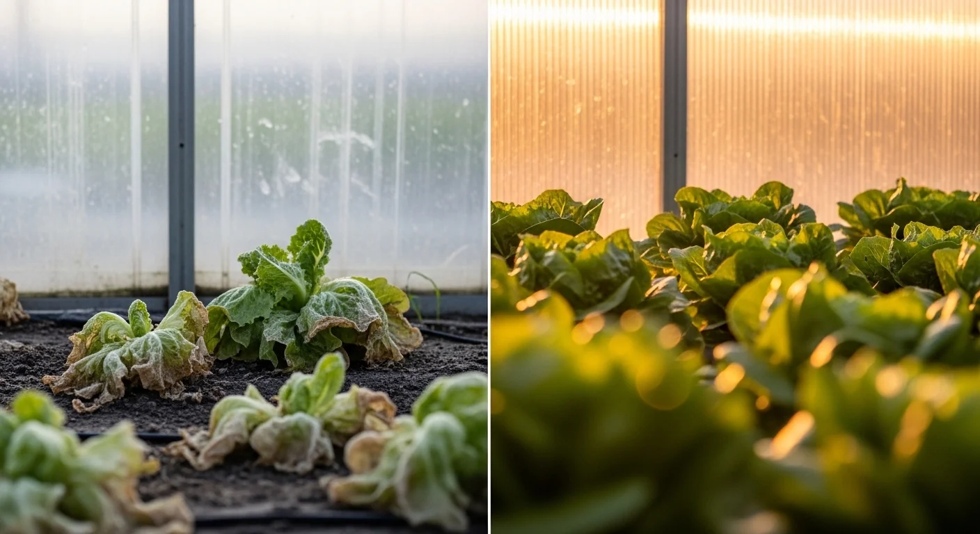 A split view showing frost damaged greenhouse crops versus healthy crops after using the greenhouse heater sizing calculator.