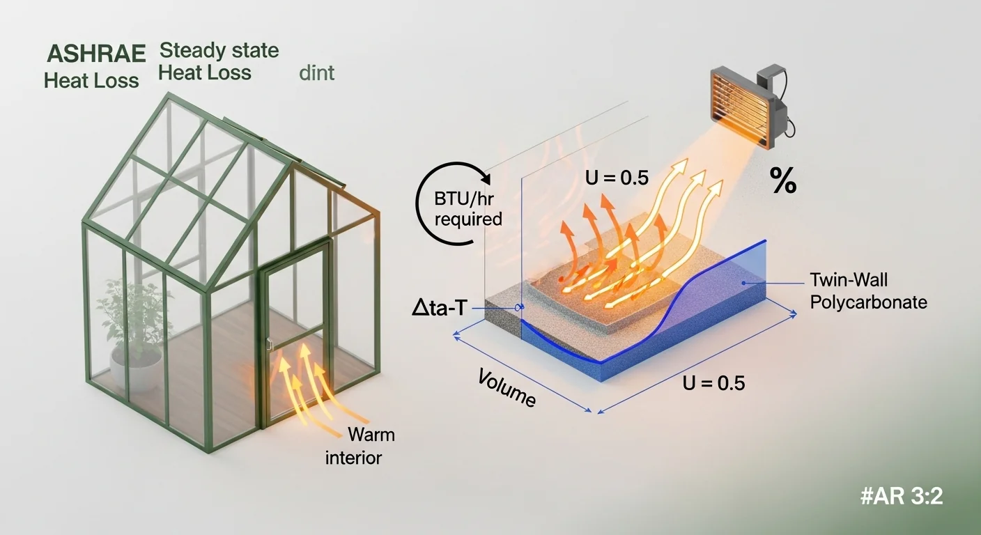 3D diagram showing the ASHRAE formula used in the greenhouse heater sizing calculator.