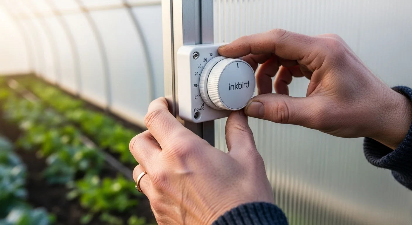 A gardener setting a greenhouse thermostat based on the greenhouse heater sizing calculator output.