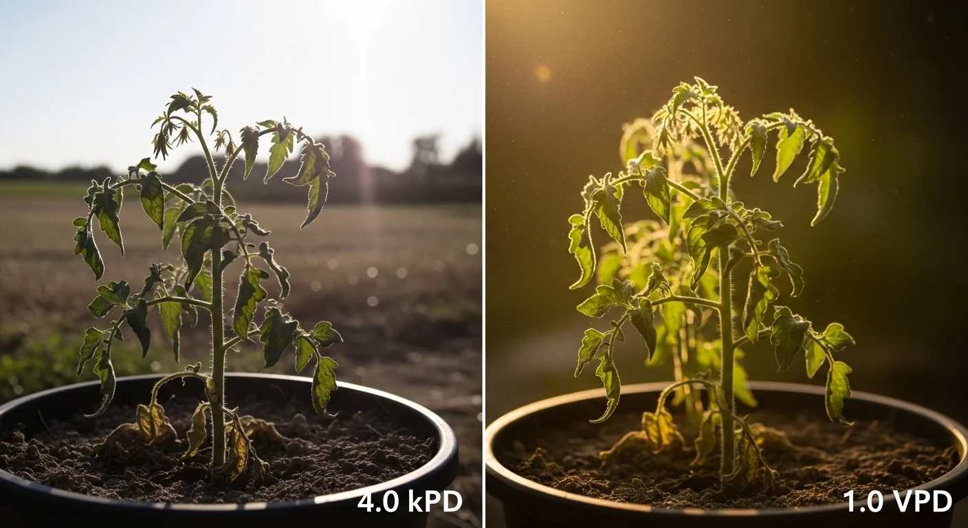 A split comparison of a wilted plant in high VPD versus a healthy misted plant.