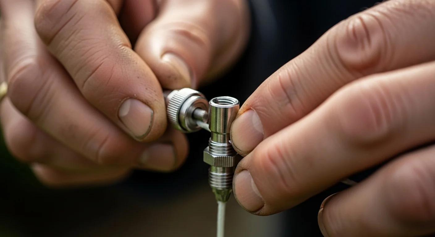 Close-up of a gardener installing a high-pressure nozzle for a misting system.