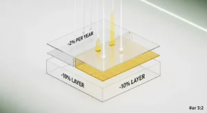 3D diagram showing the Greenhouse Plastic Light Transmission Calculator logic for annual degradation and layer loss.