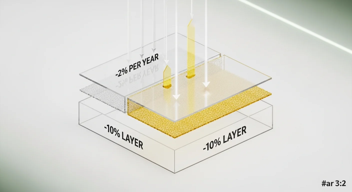 3D diagram showing the Greenhouse Plastic Light Transmission Calculator logic for annual degradation and layer loss.