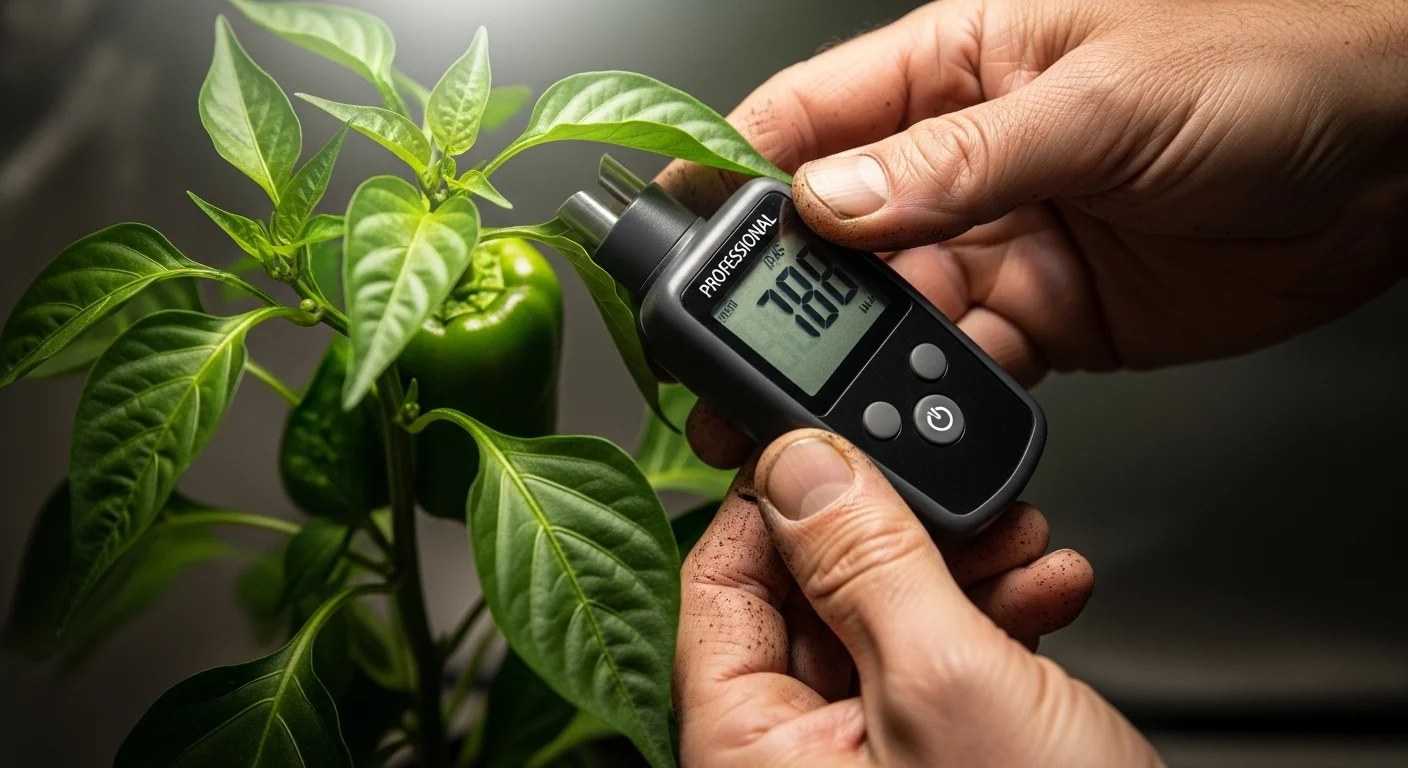 Hands holding a PAR meter to verify Greenhouse Plastic Light Transmission Calculator results at canopy level.