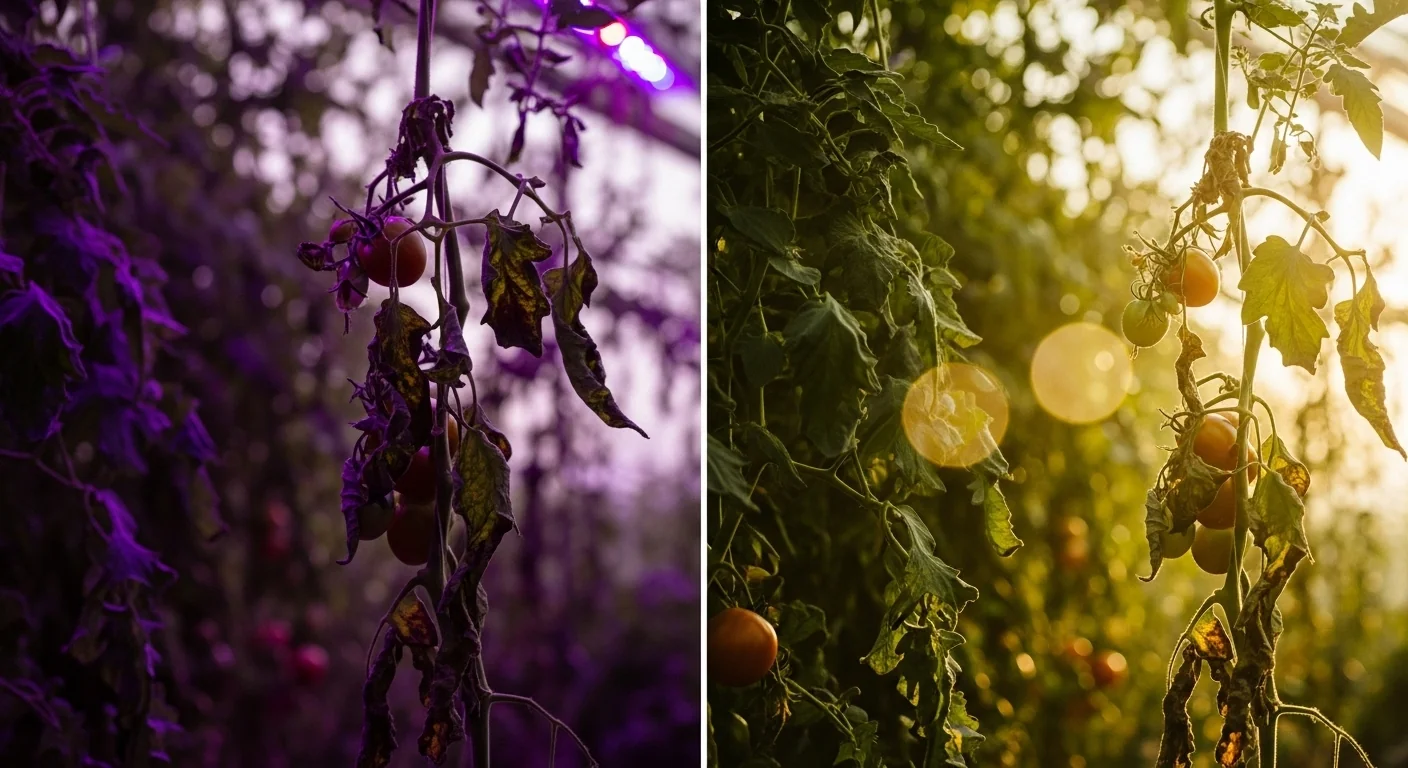 Comparison of heat-stressed greenhouse plants versus healthy crops optimized with a Supplemental DLI Calculator.