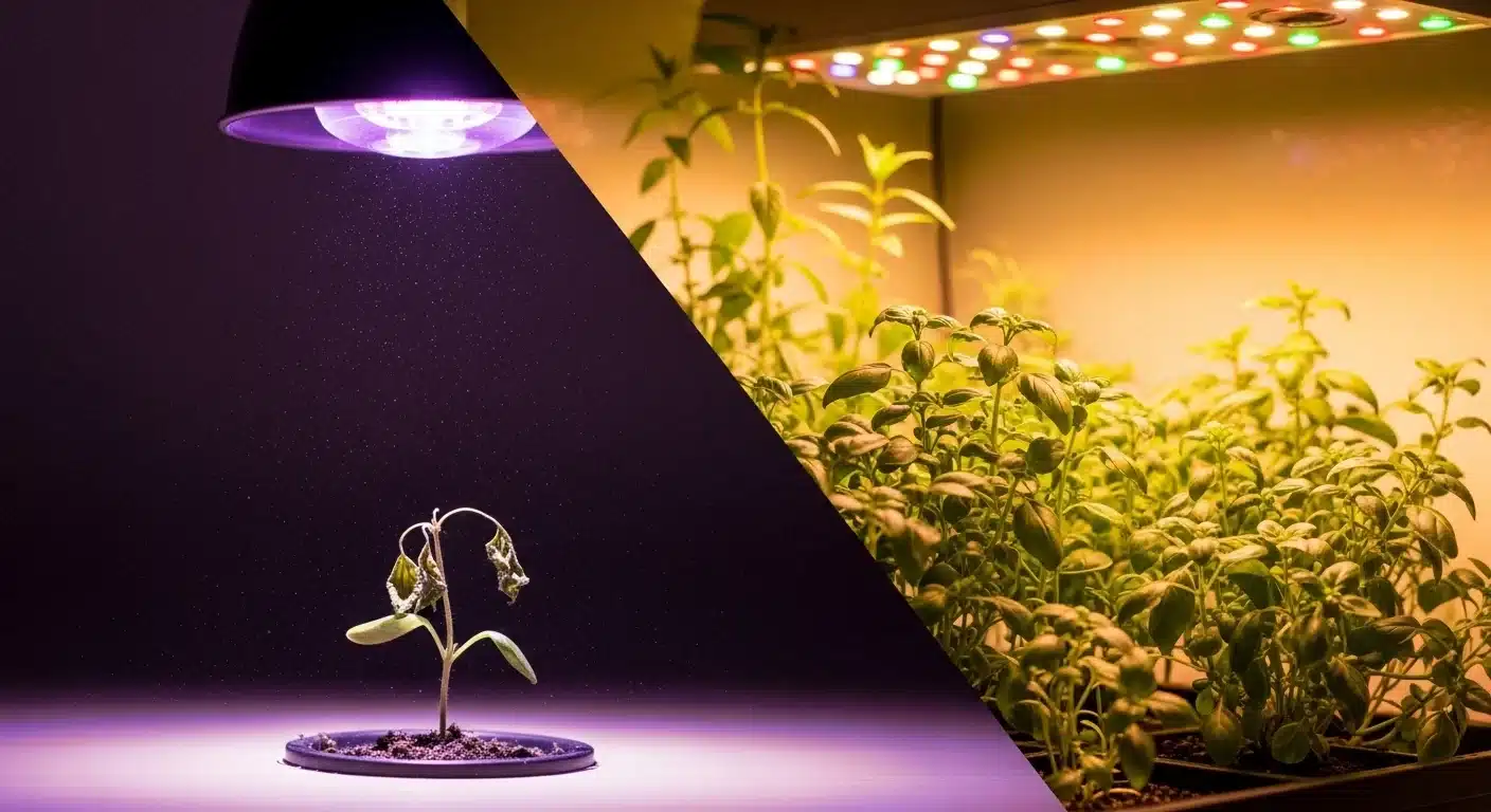 A Grow Light Cost Calculator comparison showing a thriving indoor garden versus a struggling plant.