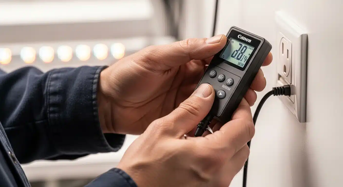 Hand using a power meter to find actual wattage for the Grow Light Cost Calculator.