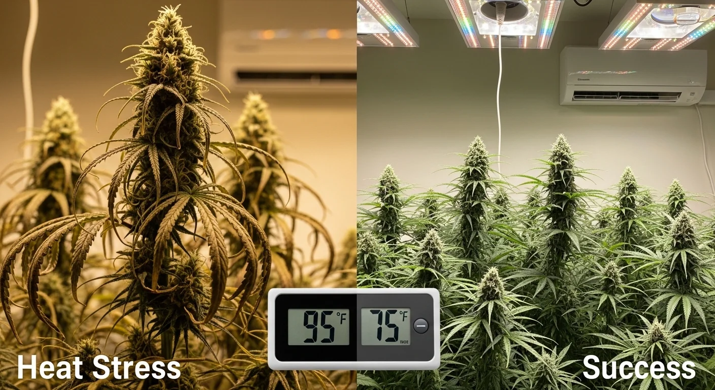 Side-by-side comparison of a heat-stressed grow room vs a cooled room with Grow Room AC Sizing Calculator results.