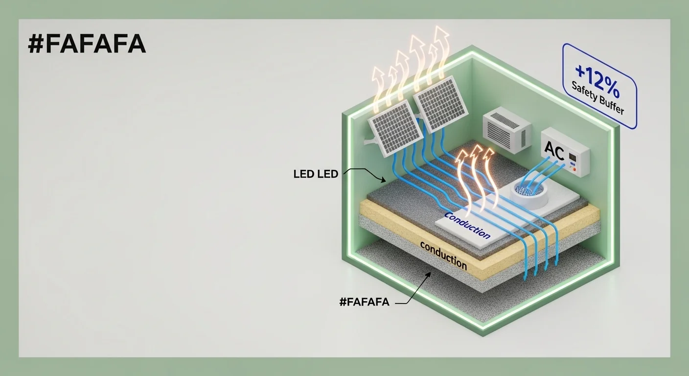 3D diagram showing LED heat, dehumidifier load, and envelope gain for a Grow Room AC Sizing Calculator.