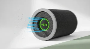 3D diagram showing air flow and 0.1 second dwell time using the Carbon Filter Contact Time Calculator.