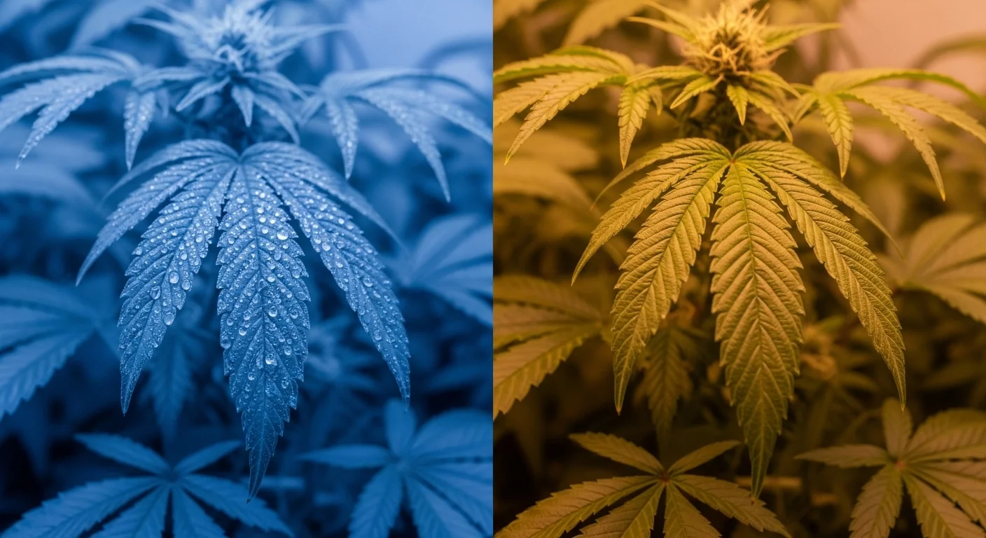Side by side comparison of mildewed leaves versus healthy plants using a Grow Room Dehumidifier Calculator.