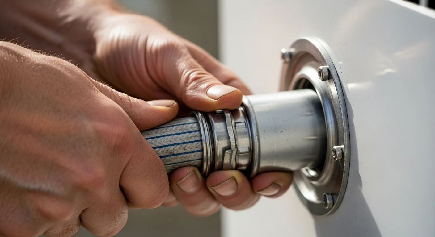 Hands connecting a drainage hose to a unit sized by a Grow Room Dehumidifier Calculator.